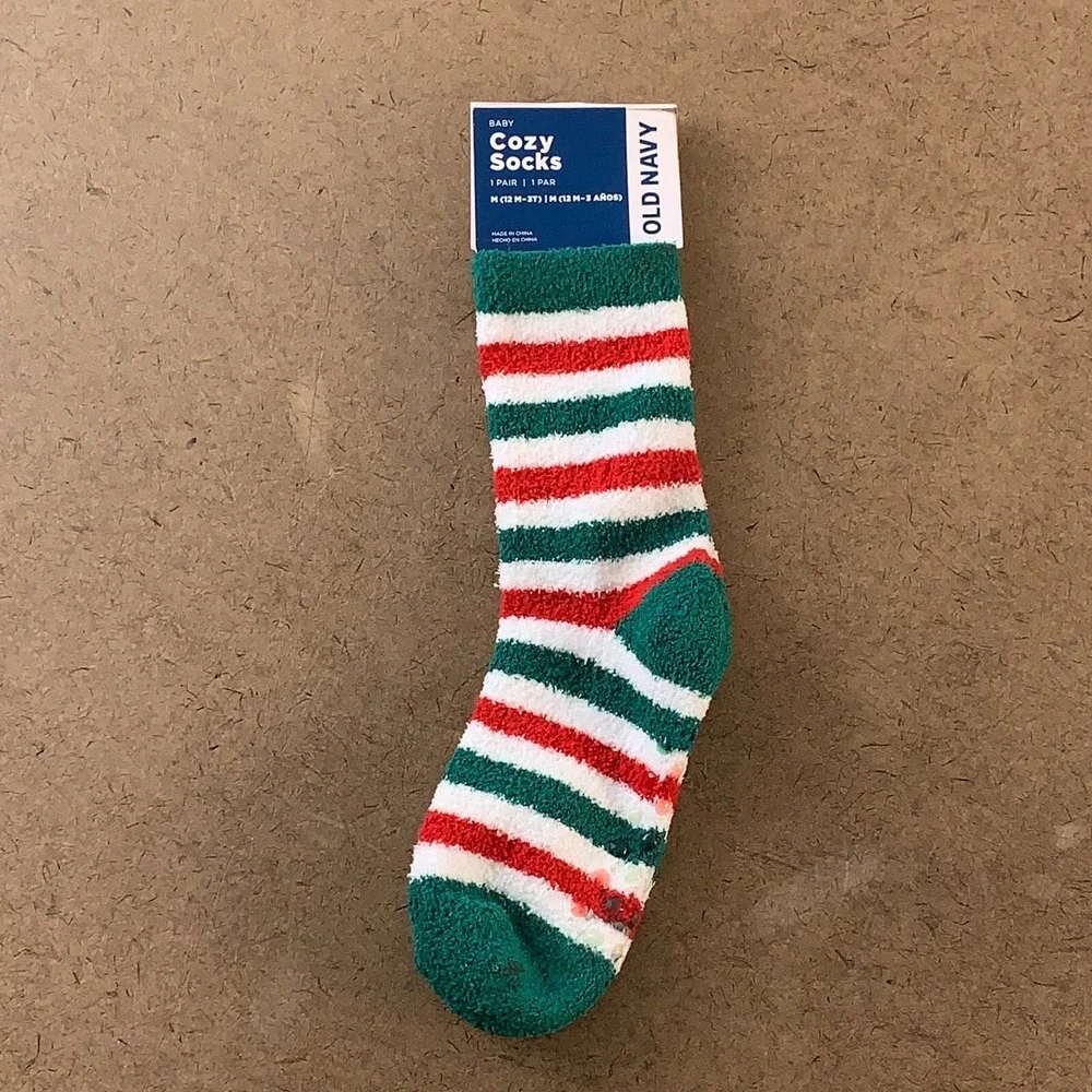 Old Navy Toddler Size 12M-3T Holiday Striped Gripper Cozy Crew Socks NWT